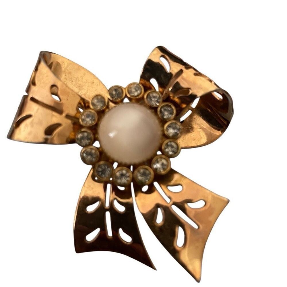 Vtg 1950s Coro Womens Gold Tone Bow Brooch Opaline Stone Clear Rhinestones
